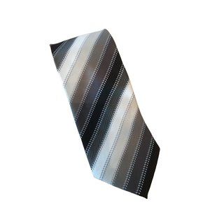 Bergamo New York X-Long Black Gray Tan White Polyester Stripe Men’s Tie EUC